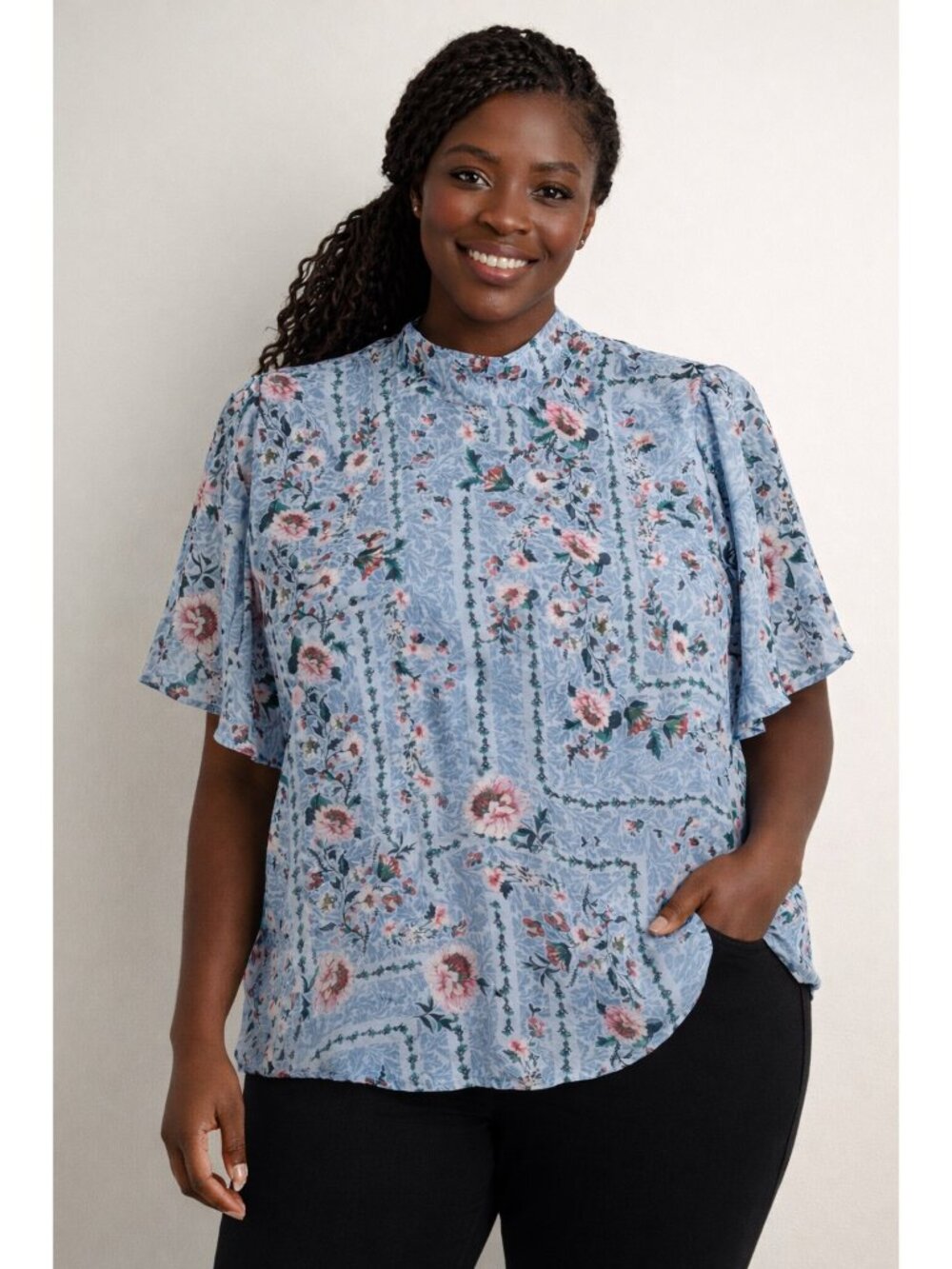 LC Lauren Conrad Top XXL Blue Floral High Neck Flutter Sleeve Blouse Cottagecore